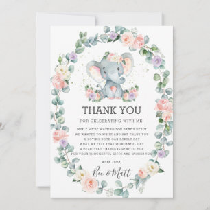 Elephant Baby shower Roze Paarse Floral Greenery Bedankkaart