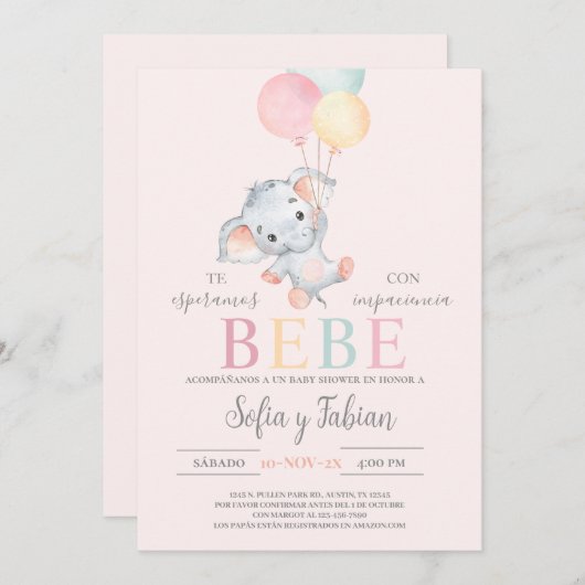 Elephant Baby shower Spaans Uitnodiging (Voorkant / Achterkant)