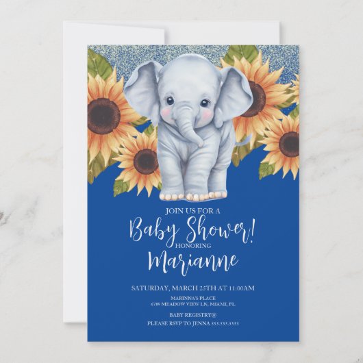 Elephant Baby shower Sunflower Glitter Blue Kaart (Voorkant)