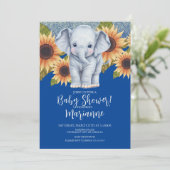 Elephant Baby shower Sunflower Glitter Blue Kaart (Staand voorkant)