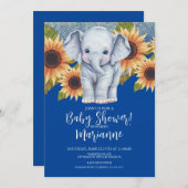 Elephant Baby shower Sunflower Glitter Blue Kaart (Voorkant / Achterkant)