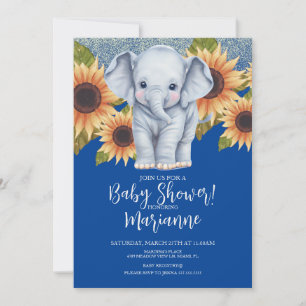 Elephant Baby shower Sunflower Glitter Blue Kaart