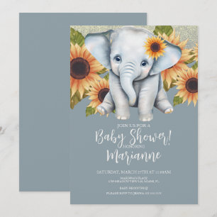 Elephant Baby shower Sunflower Glitter Dusty Blue Kaart