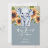 Elephant Baby shower Sunflower Glitter Dusty Blue Kaart (Voorkant)