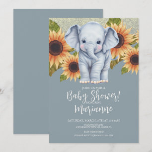Elephant Baby shower Sunflower Glitter Dusty Blue Kaart