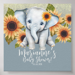 Elephant Baby shower Sunflower Glitter Dusty Blue Poster