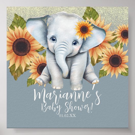 Elephant Baby shower Sunflower Glitter Dusty Blue Poster (Voorkant)