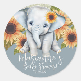 Elephant Baby shower Sunflower Glitter Dusty Blue Ronde Sticker