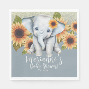 Elephant Baby shower Sunflower Glitter Dusty Blue Servet
