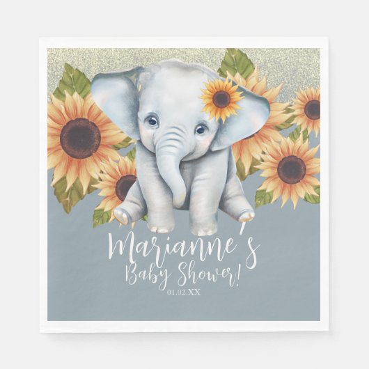 Elephant Baby shower Sunflower Glitter Dusty Blue Servet (Voorkant)