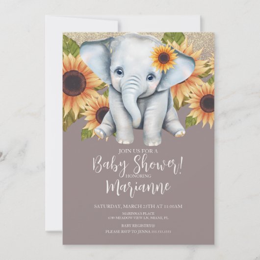Elephant Baby shower Sunflower Glitter Dusty Pink Kaart (Voorkant)