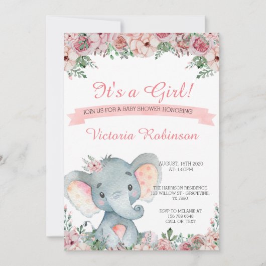 Elephant baby shower uitnodiging floral (Voorkant)
