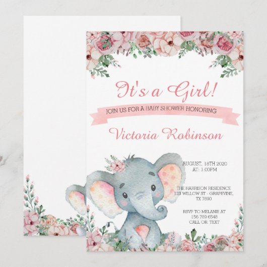 Elephant baby shower uitnodiging floral (Voorkant / Achterkant)