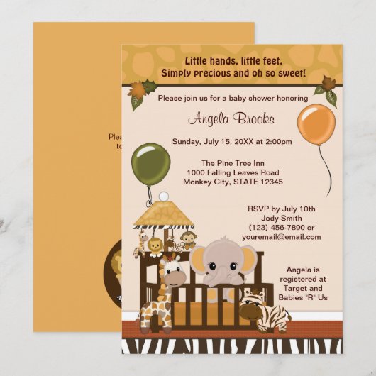 ELEPHANT Baby shower Uitnodiging Herfst Oerwoud Sa (Voorkant / Achterkant)