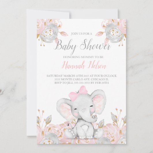 Elephant baby shower-uitnodiging roze olifant kaart (Voorkant)