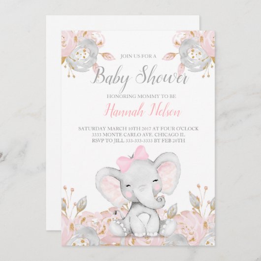Elephant baby shower-uitnodiging roze olifant kaart (Voorkant / Achterkant)
