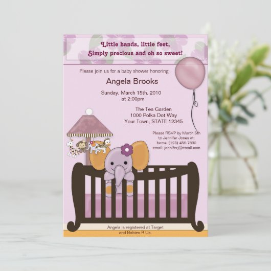 ELEPHANT Baby shower Uitnodiging tot orchidee CJE (Staand voorkant)