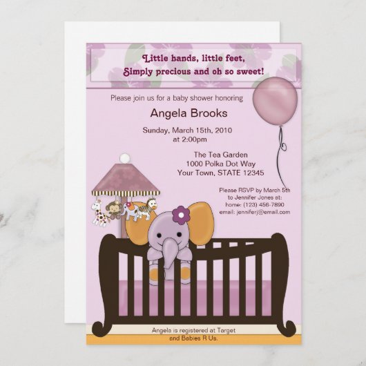 ELEPHANT Baby shower Uitnodiging tot orchidee CJE (Voorkant / Achterkant)