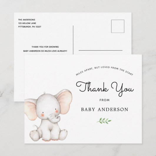 Elephant Baby shower via Mail Hartelijk dank Briefkaart (Voorkant / Achterkant)