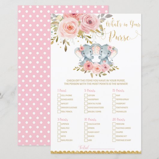 Elephant Baby shower Wat zit er in je Purse Game (Voorkant / Achterkant)