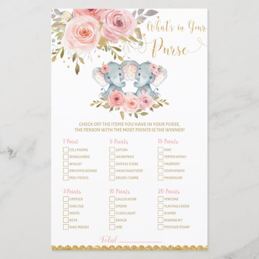Elephant Baby shower Wat zit er in je Purse Game (Voorkant)