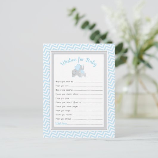 Elephant Baby shower wil Baby in Blue Grey Advieskaart (Staand voorkant)