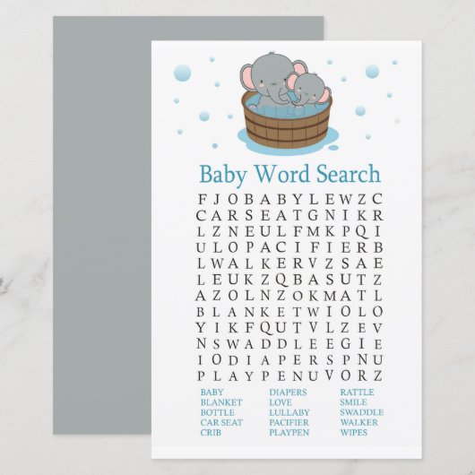 Elephant Baby shower Word Search Game (Voorkant / Achterkant)