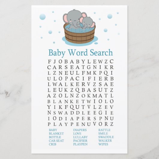 Elephant Baby shower Word Search Game (Voorkant)
