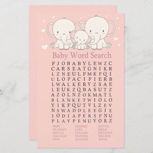 Elephant Baby shower Word Search Game (Voorkant / Achterkant)