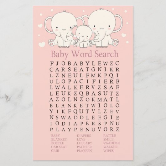 Elephant Baby shower Word Search Game (Voorkant)