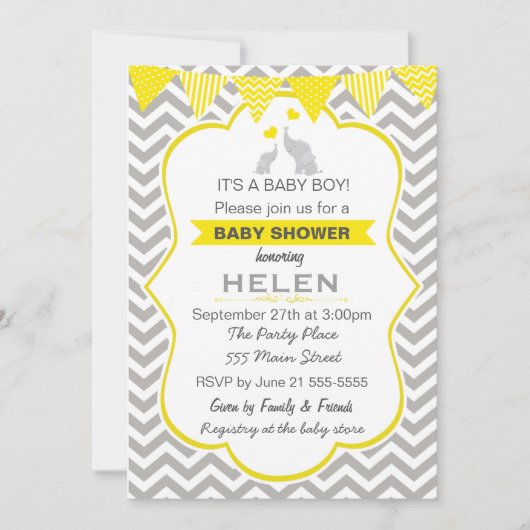 Elephant Baby shower Yellow Chevron Invitation Kaart (Voorkant)