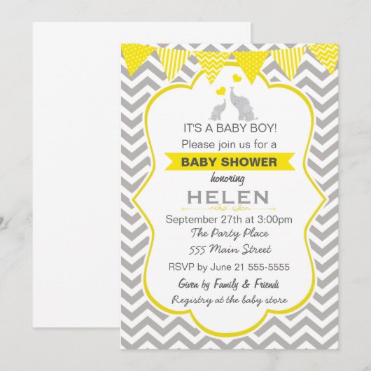 Elephant Baby shower Yellow Chevron Invitation Kaart (Voorkant / Achterkant)