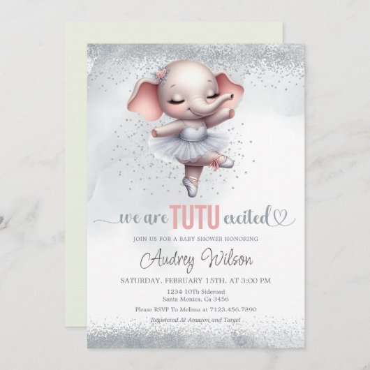 Elephant Baby shower Zilver en Roze Tutu Jurk Kaart (Voorkant / Achterkant)
