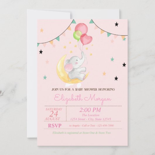 Elephant, ballonnen, maan, sterren Baby shower Kaart (Voorkant)