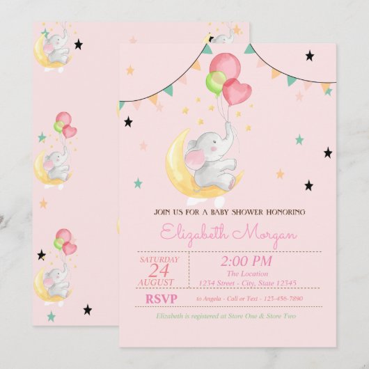 Elephant, ballonnen, maan, sterren Baby shower Kaart (Voorkant / Achterkant)