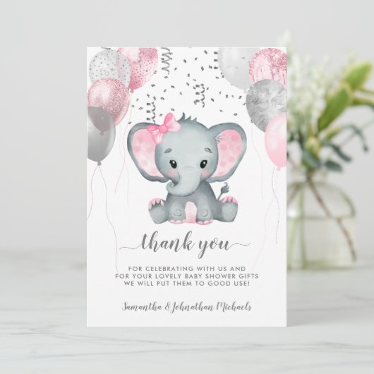 Elephant-ballonnen van Cute Girl rijden op Baby sh Bedankkaart (Staand voorkant)