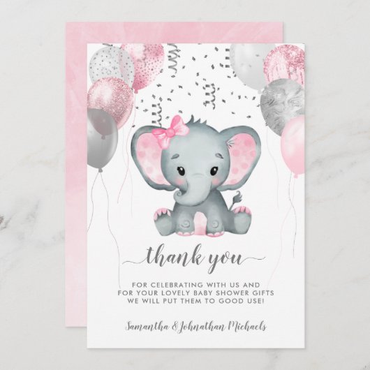 Elephant-ballonnen van Cute Girl rijden op Baby sh Bedankkaart (Voorkant / Achterkant)