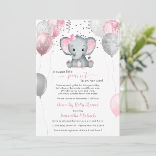 Elephant-ballonnen van Cute Girl rijden op Baby sh Kaart (Staand voorkant)