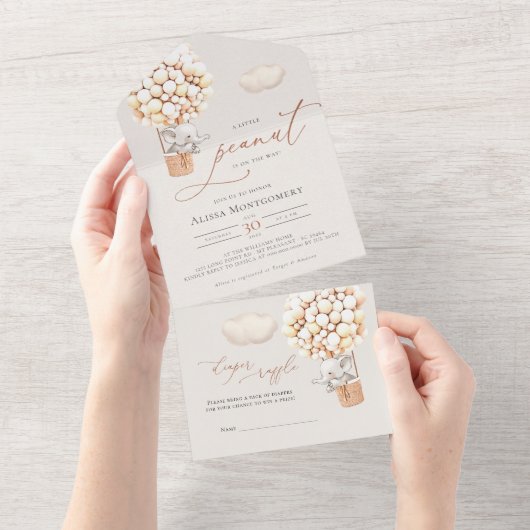 Elephant-ballonvaarding Baby shower in één uitnodi All In One Uitnodiging (Afscheurbaar)