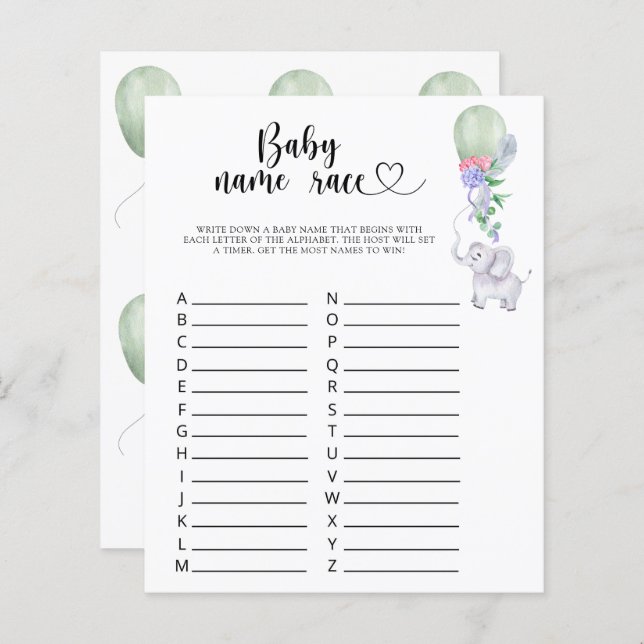 Elephant & Balloon - Baby naam race spel (Voorkant / Achterkant)