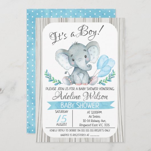 Elephant Balloon Waterverf Baby shower Kaart (Voorkant / Achterkant)