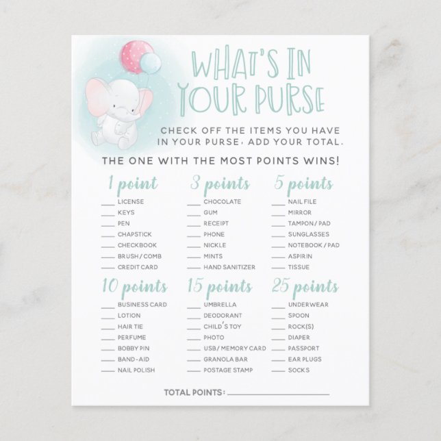Elephant Balloons Baby shower Purse Game (Voorkant)