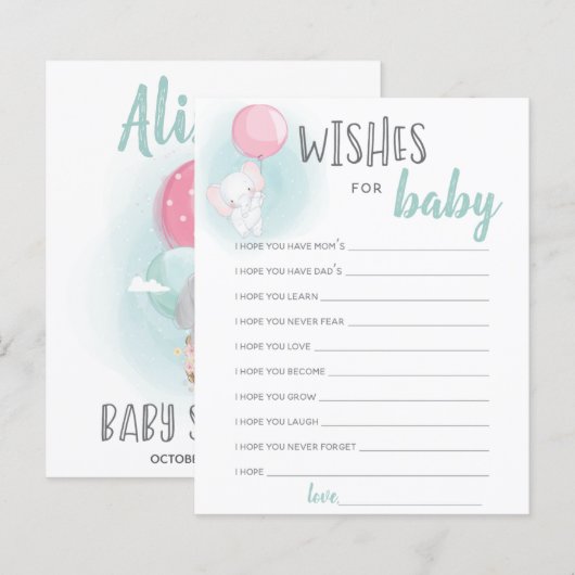 Elephant Balloons Baby shower Wishes for Baby Card (Voorkant / Achterkant)