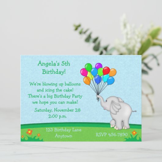 Elephant Balloons Birthday Uitnodiging (Staand voorkant)