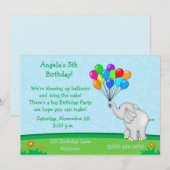 Elephant Balloons Birthday Uitnodiging (Voorkant / Achterkant)