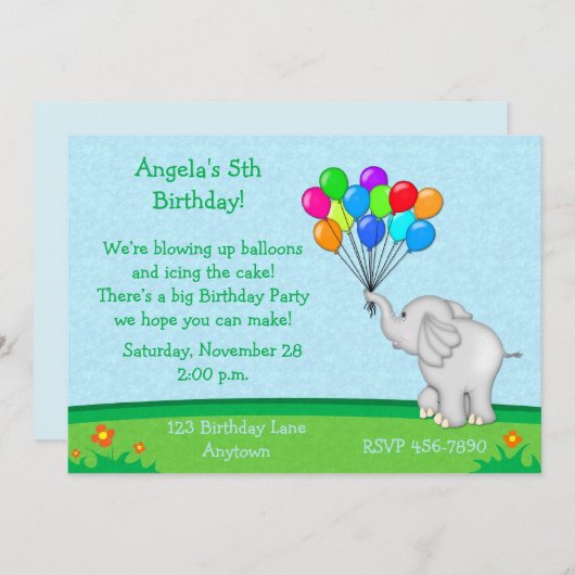 Elephant Balloons Birthday Uitnodiging (Voorkant / Achterkant)