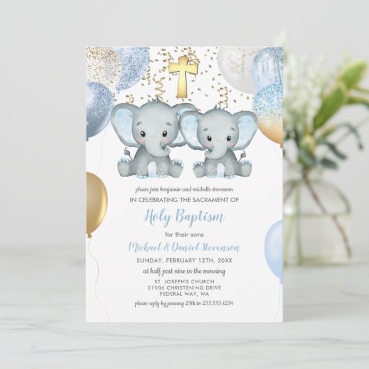 Elephant Balloons Waterverf Baptisme Kaart (Staand voorkant)