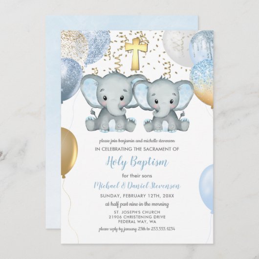 Elephant Balloons Waterverf Baptisme Kaart (Voorkant / Achterkant)