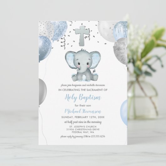 Elephant Balloons Waterverf Baptisme Kaart (Staand voorkant)