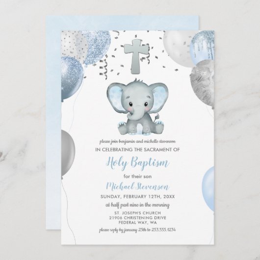 Elephant Balloons Waterverf Baptisme Kaart (Voorkant / Achterkant)